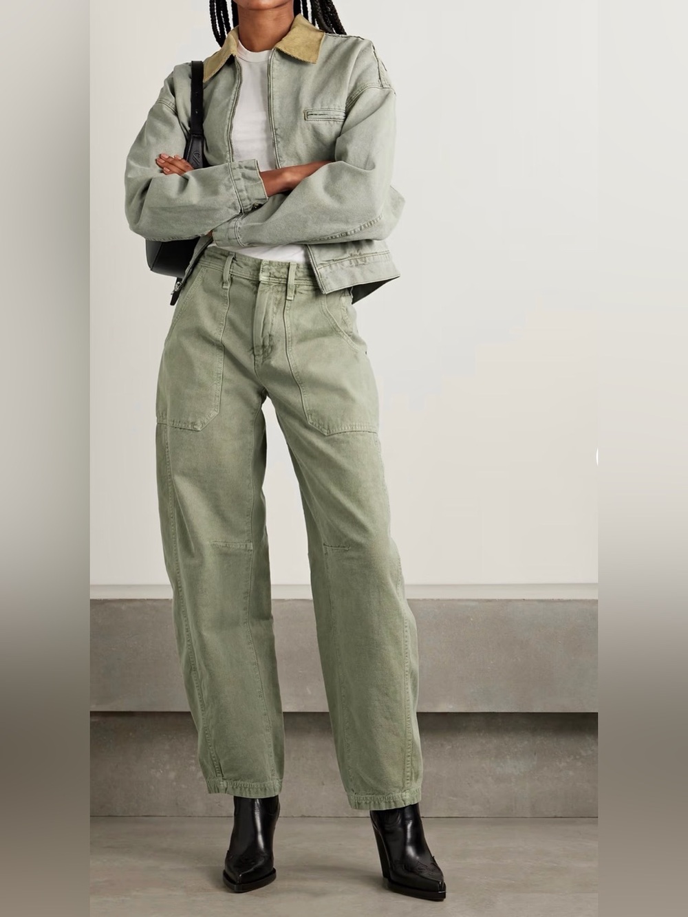 High Waist  Olive Utility Barrel Wide Leg  khaki Green Soft Cotton Trousers - Picture 3 of 16